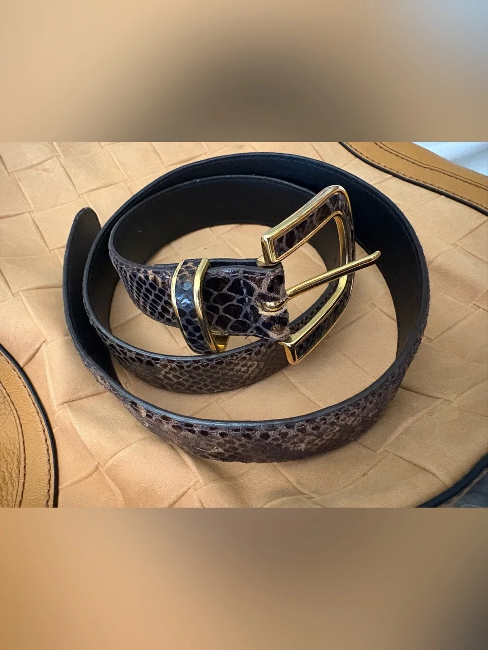 Men's Brown Snake-Pattern Leather Belt with Gold Buckle